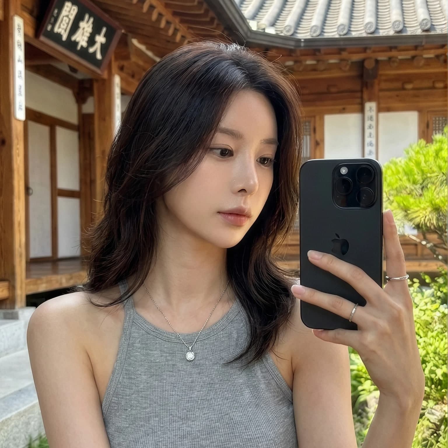한옥 앞에서 휴대폰을 든 인플루언서