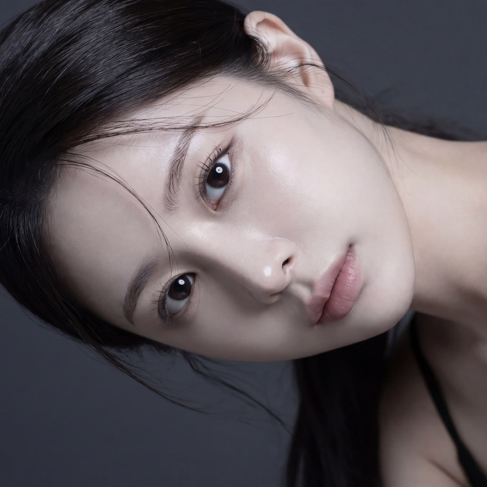 회색 배경에서 고개를 기울인 인플루언서 클로즈업